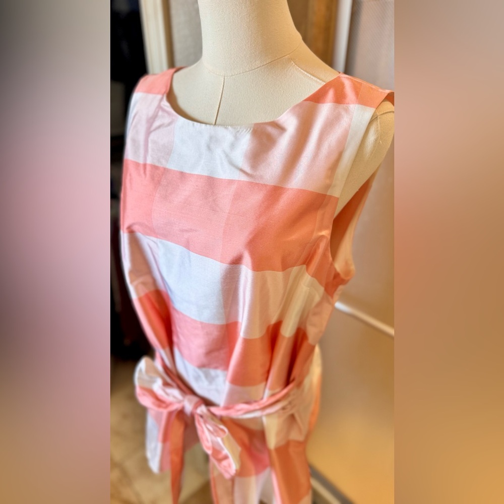 SARA CAMPBELL Silk Peach Plaid Bow Sash Tie Waist Sleeveless Blouse Fully Lined - Picture 3 of 16